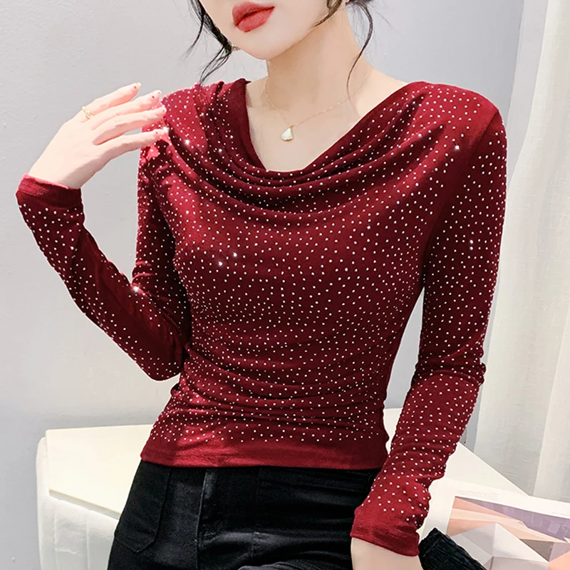 Autumn New Female Tops Short Shinny T Shirt Women V Neck Folds Sexy Skinny Hot Diamonds T Shirt Female Long Sleeved Tee Shirt