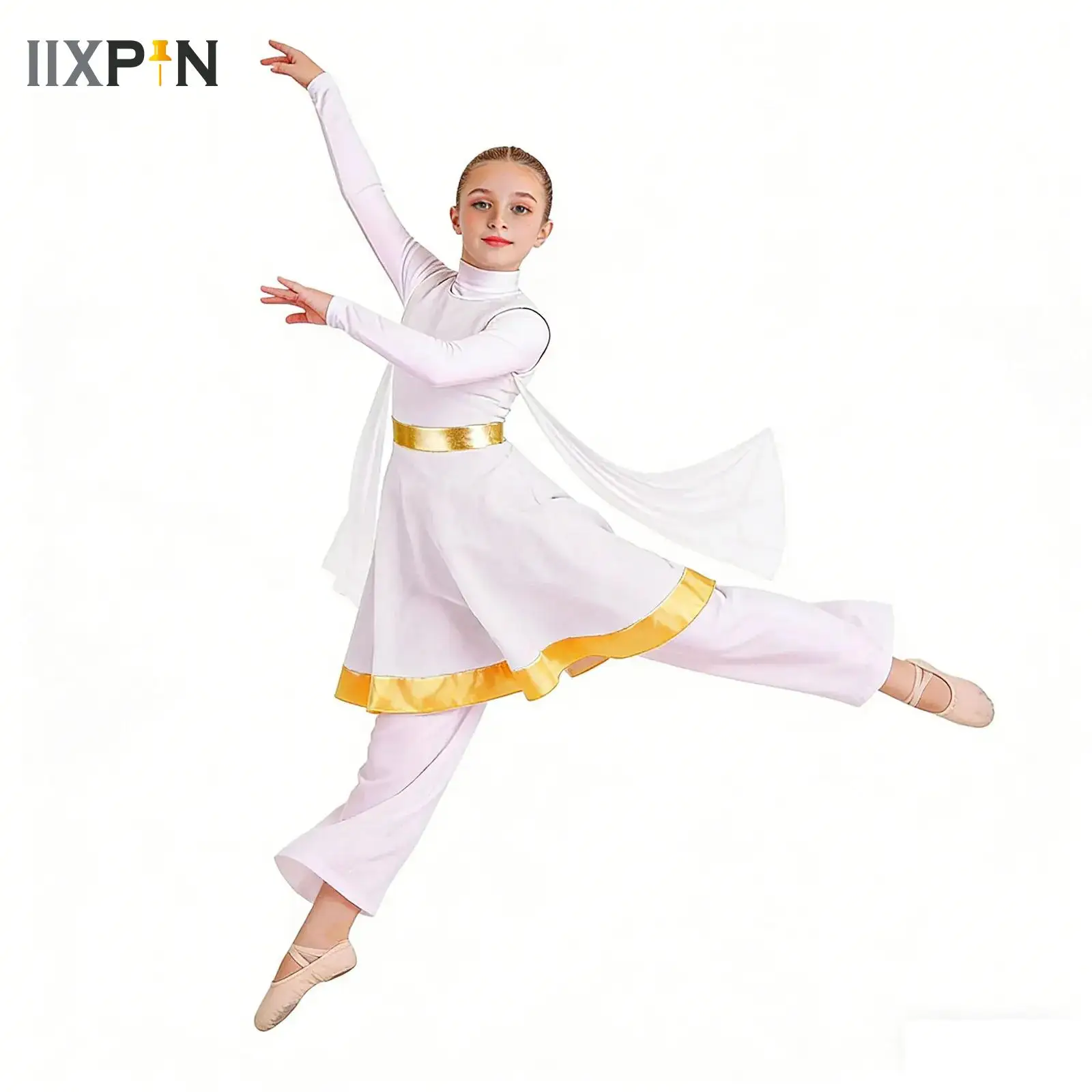 

Kids Girls Christian Dance Praise Worship Robe Dress Metallic Waist Contrast Color Tunic Lyrical Ballet Dress for Party Perform