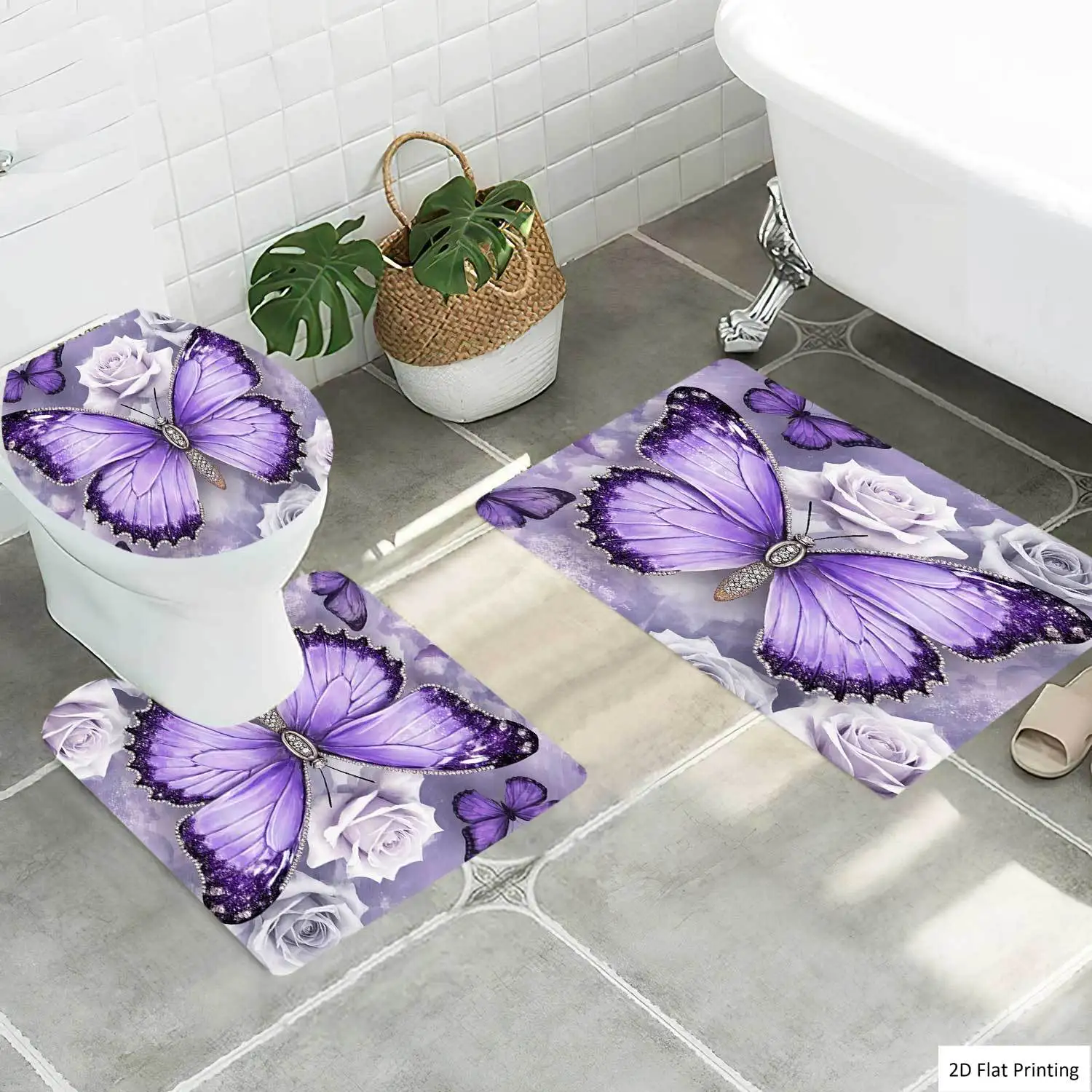 

3D Butterfly and Rose Print 3 Piece Bathroom Rug Set Anti Slip Soft Absorbent Toilet Seat Cover Mat Home Decor