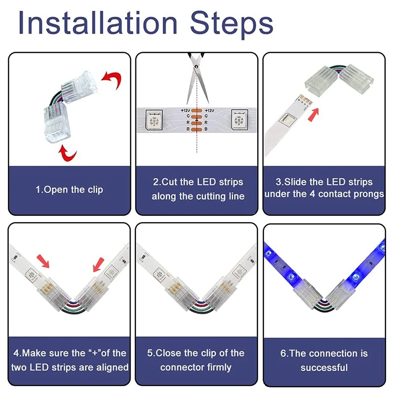 L Shape 4-Pin RGB LED Connectors 6 Packs 10mm Wide Right Angle Corner Solderless Adapter Terminal Extension Connectors