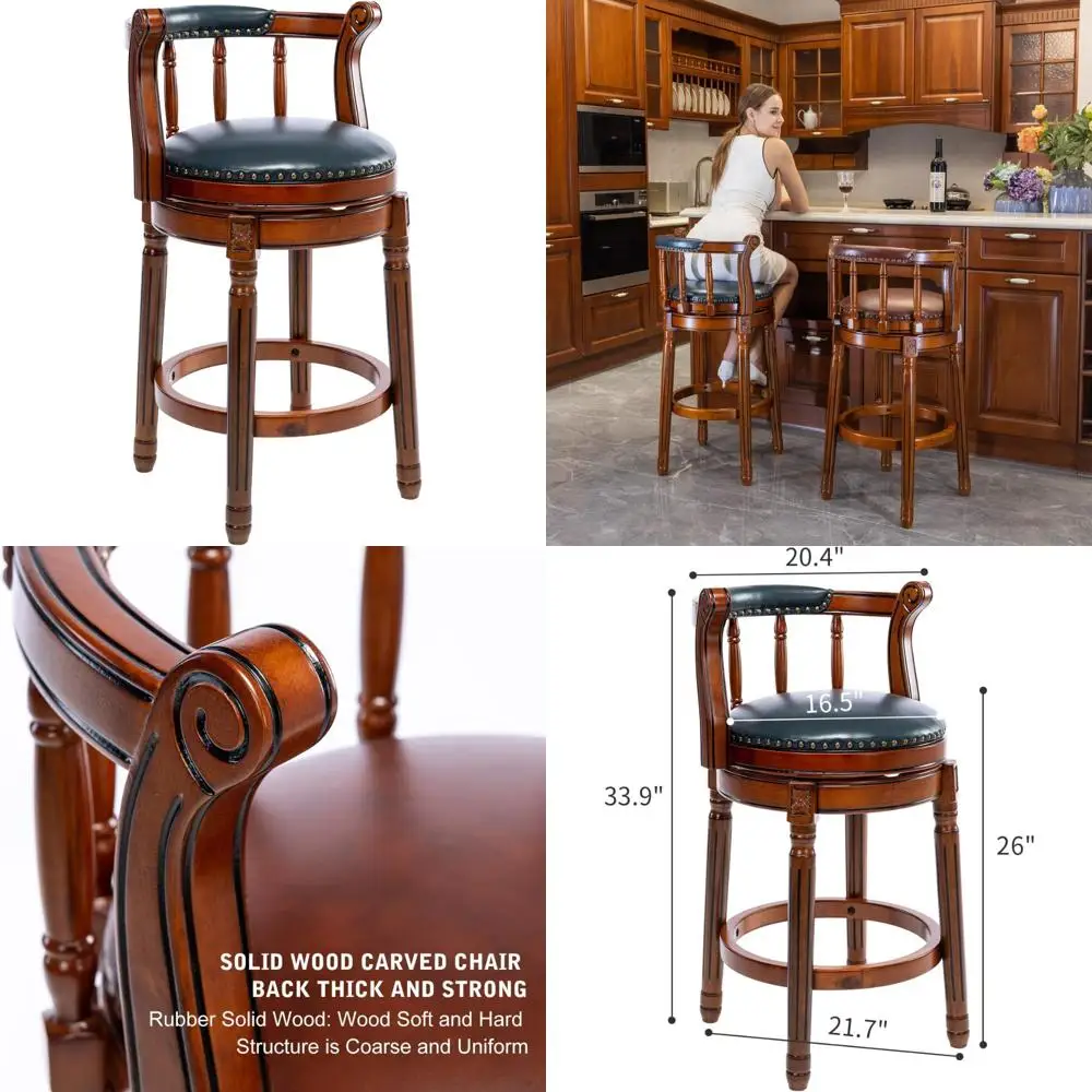 

Leather and Wooden Swivel Bar Stools with Backrests for Kitchen Counter, Modern High-Back Chairs for Home Use