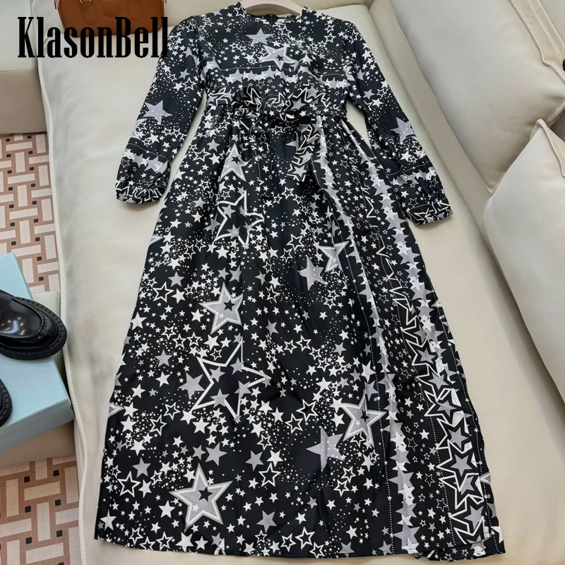 9.23 KlasonBell Women's Elegant Gradient Star Print Silk Long Dress O-Neck Bow Sashes High Split Black Dress