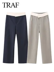 TRAF-pantalones de pierna ancha para mujer, pantalón holgado de cintura alta con cremallera, elegante e informal, para oficina, Otoño, 2023