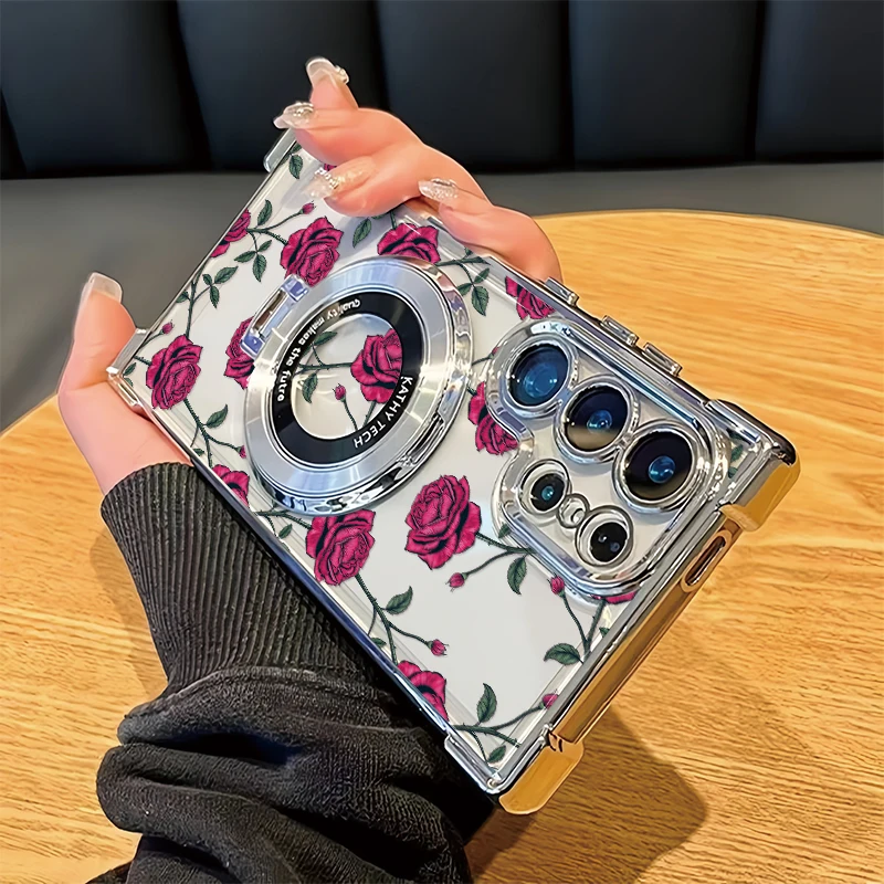 Soft Plating Phone Case For Samsung Galaxy A54 A23 4G A13 A24 A14 A34 A73 A53 A33 5G Pattern Flower Shockproof Bracket Cover