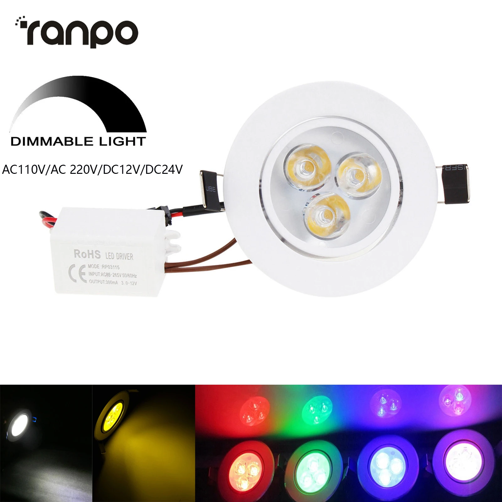 Dimmable 3W LED Recessed Ceiling Downlight Spotlight Lamps with Driver Colorful Red Yellow Blue Green Purple 110V 220V 12V 24V