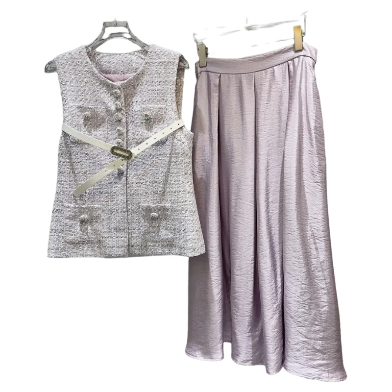 Модный твидовый жилет и атласный длинный комплект Dr с тонким поясом на талии, маленький Fraance Sle, осень 2023, Новое поступление, женская одежда