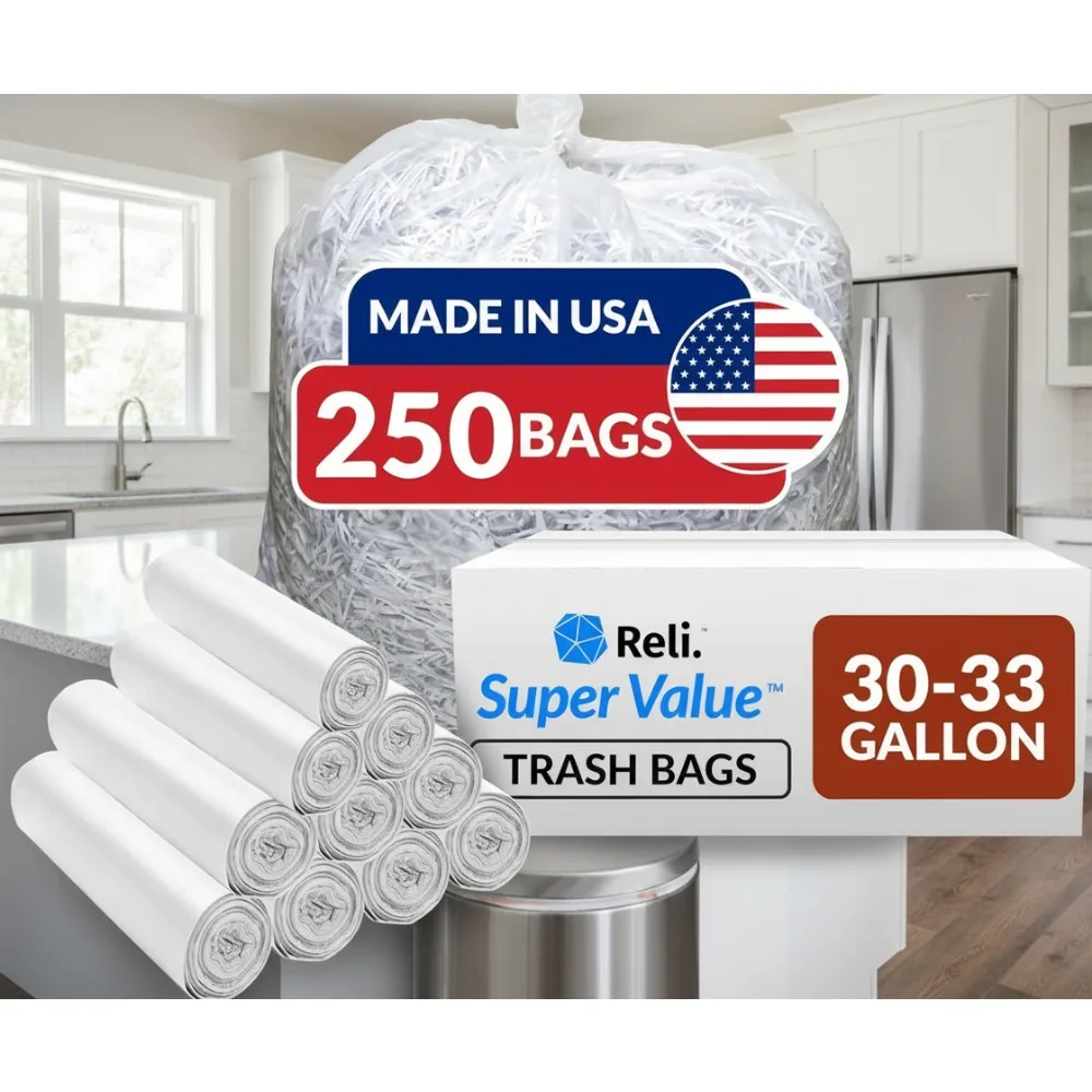 

Heavy Duty 30-33 Gallon Clear Trash Bags | 250 Count Bulk | Leak-Proof & Tear Resistant | Made in USA