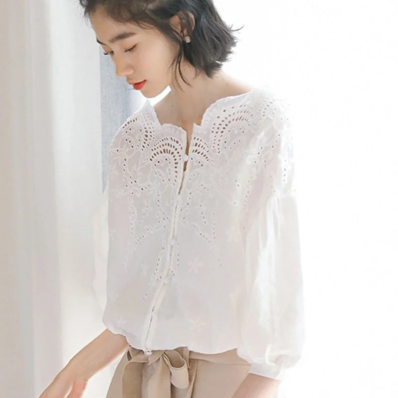 Elegant Ruffled Neck Lace Hollow Out Button Oversized Lantern Sleeve Chic Shirt Summer Loose Commute Tops Sweet Women\'s Blouse