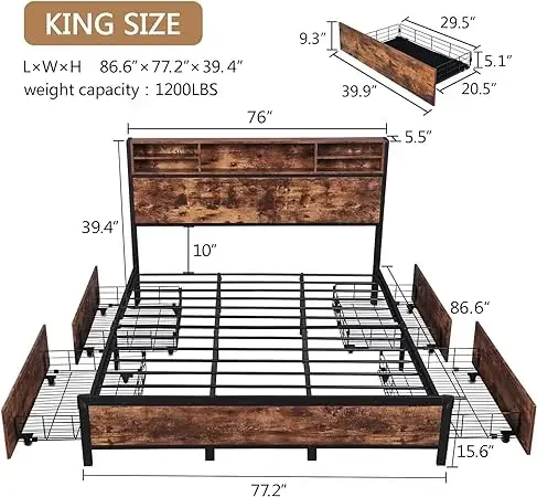 Estrutura da cama da plataforma do metal com cabeceira da estante, 4 gavetas do armazenamento, barras do apoio da Dobro-fileira, conjunto fácil, quadro da cama