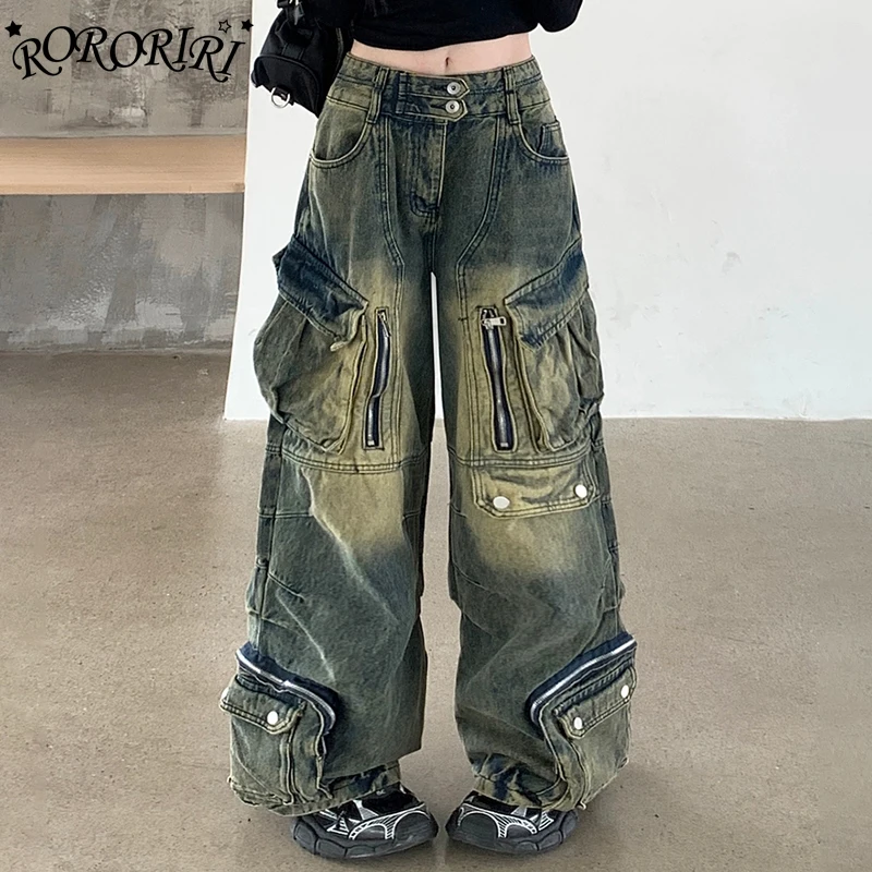 Roriri multi-bolso botões duplos baggy jeans feminino retro lavagem fazer velho zíper ponto largo denim calças de carga harajuku streetwear