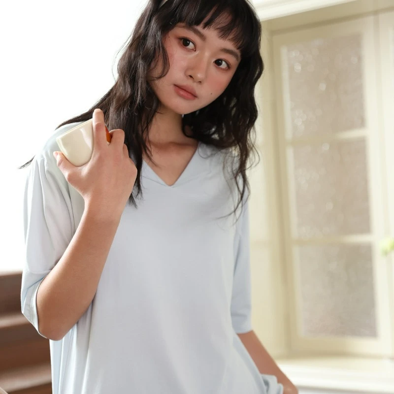 Spring and Summer New Loungewear Women's Mulberry Silk Medium-sleeved Trousers Loose Suit Solid Color Pajamas with Chest Pads