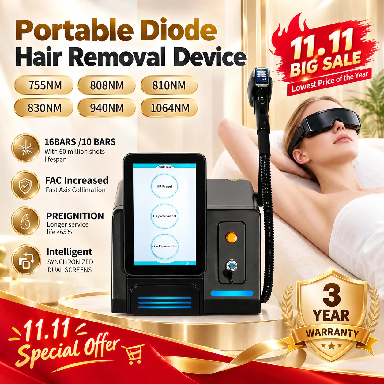 7000W Portable Diode Hair Removal Device 755 808 810 830 940 1064nm FAC Fast Axis Collimation Preignition Salon Beauty Machine