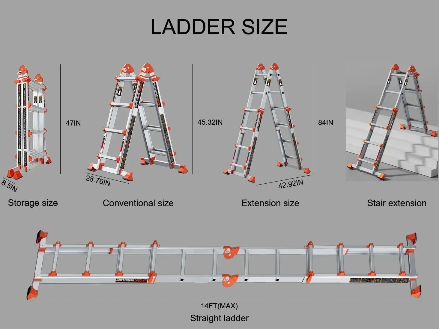 LANBITOU ladder, A-frame 4-traps ladderverlenging, 14 FT antislip multi-positie en opslag vouwladder, 330 lbs veiligheidslasting