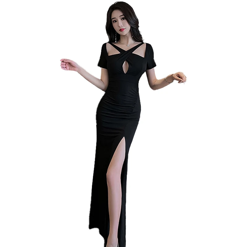 Cross Cutout Sexy Long Skirt Ladies Fashion Short Sleeve Open Back High Slit Elegant Pleated Dress Party Dress