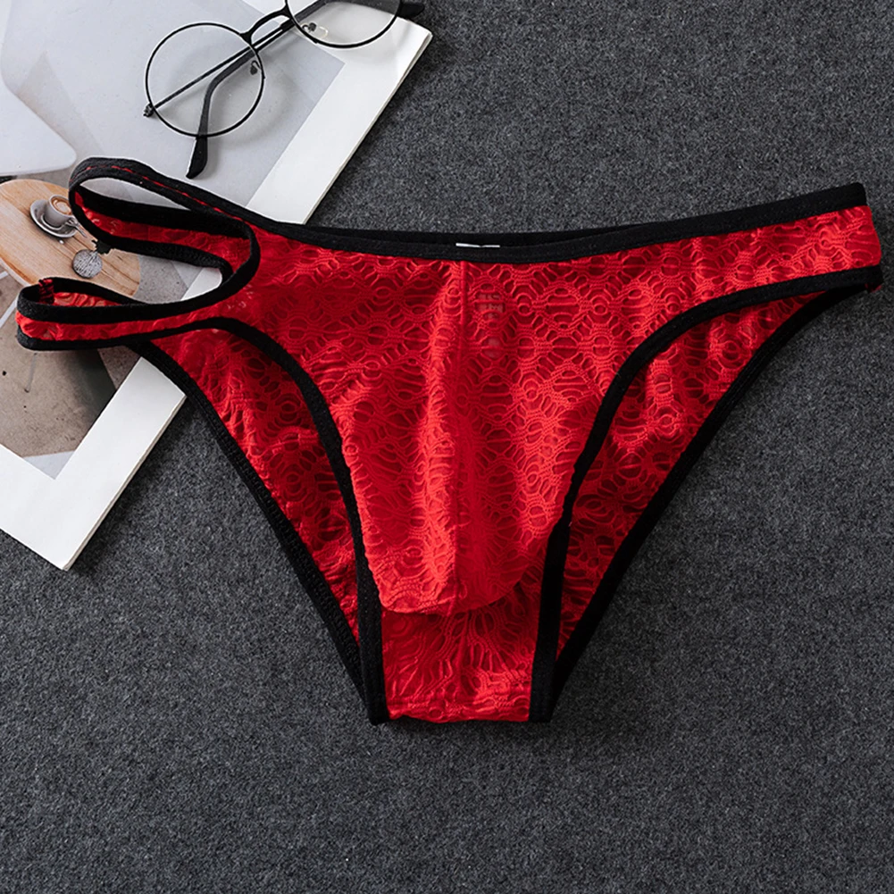 

Breathable Transparent Lace Mens Underwear Low Rise Briefs with Sissy Pouch Soft Jacquard Fabric Low Rise Underpants