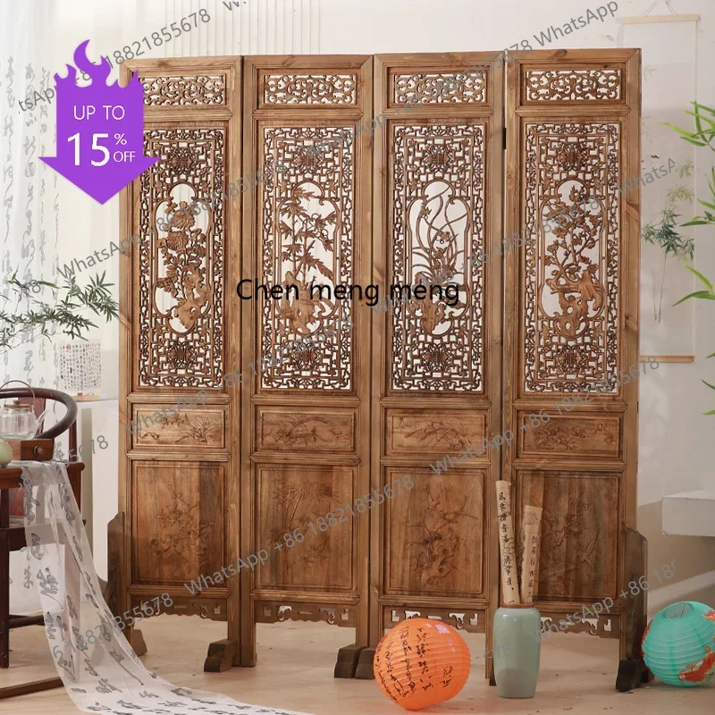 smt01 Solid wood folding mobile screen old antique hollow carved camphor wood partition retro