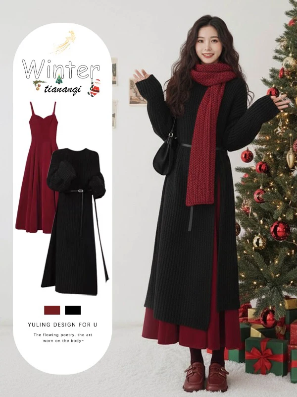 

Winter Luxury Knitted Sweater Set with Chiffon Cisas Red Dr Two-Piece Women's Faion Ensemble Casual Long Sve