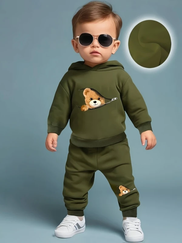Newborn Baby Boy's Zipper Bear Print Fleece Hoodie & Casual Fashion Pants Set (Fall/Winter)