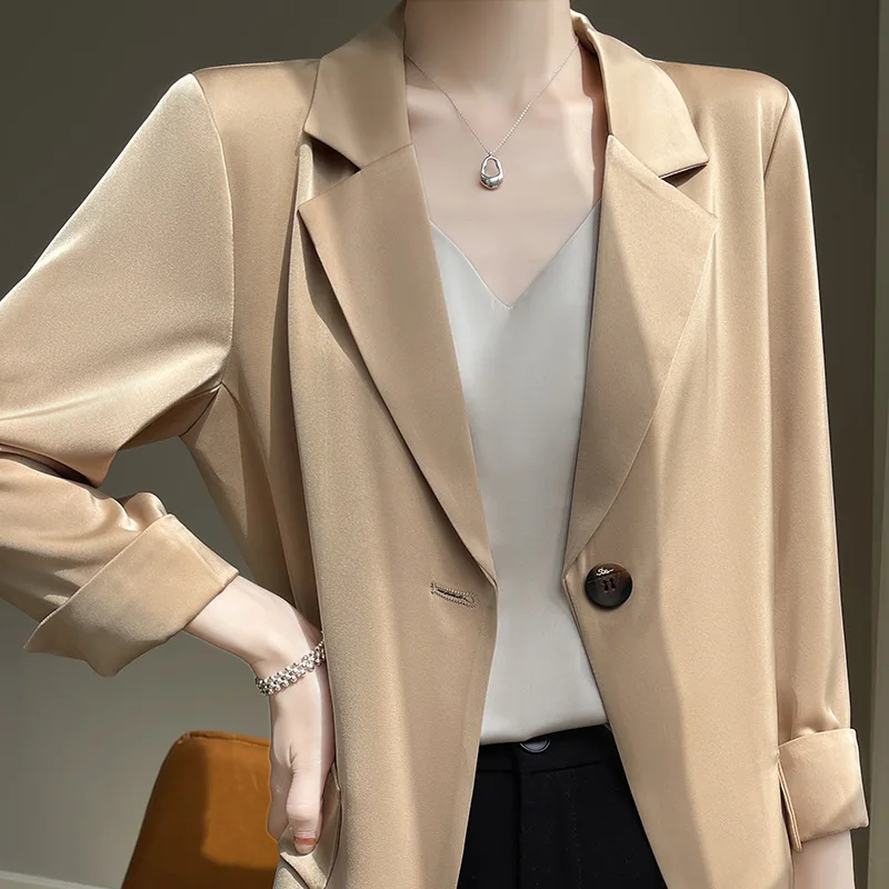 2023 New Summer Acetate Satin Suit Jacket Women's Seven-point Sleeves with Solid Color Loose Coat Western Fashion Small Suit