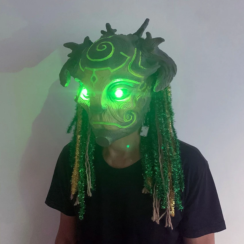 Gruselige LED-Maske aus Latex mit grünem Geisterwald – Halloween-Horrorbaum-Maske für alte Männer, gruselige Requisite für Karnevalspartys