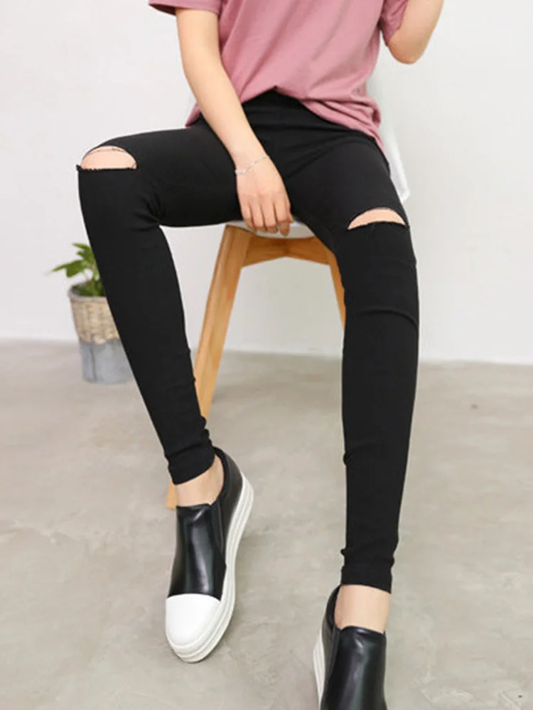 

Black White Casual Trousers New Hole Sexy Leggings Women Pencil Pants Lady Stretch Push Up Jeggings