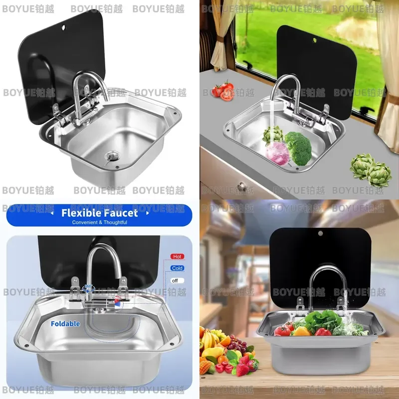 Compact Tempered Glass RV Sink with Foldable Stainless Steel Faucet Deep Basin Stylish Utility Wash Station for Camper Van