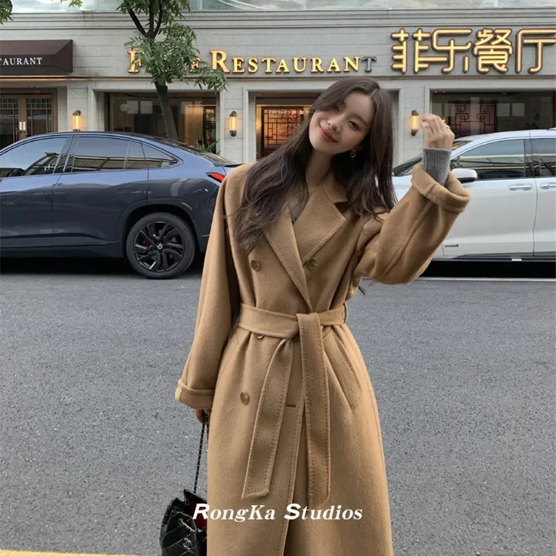 2025 femmes blanc laine manteaux col rabattu Drouble visage cachemire manteau Style ample hiver vêtements longs manteaux hauts nouveau