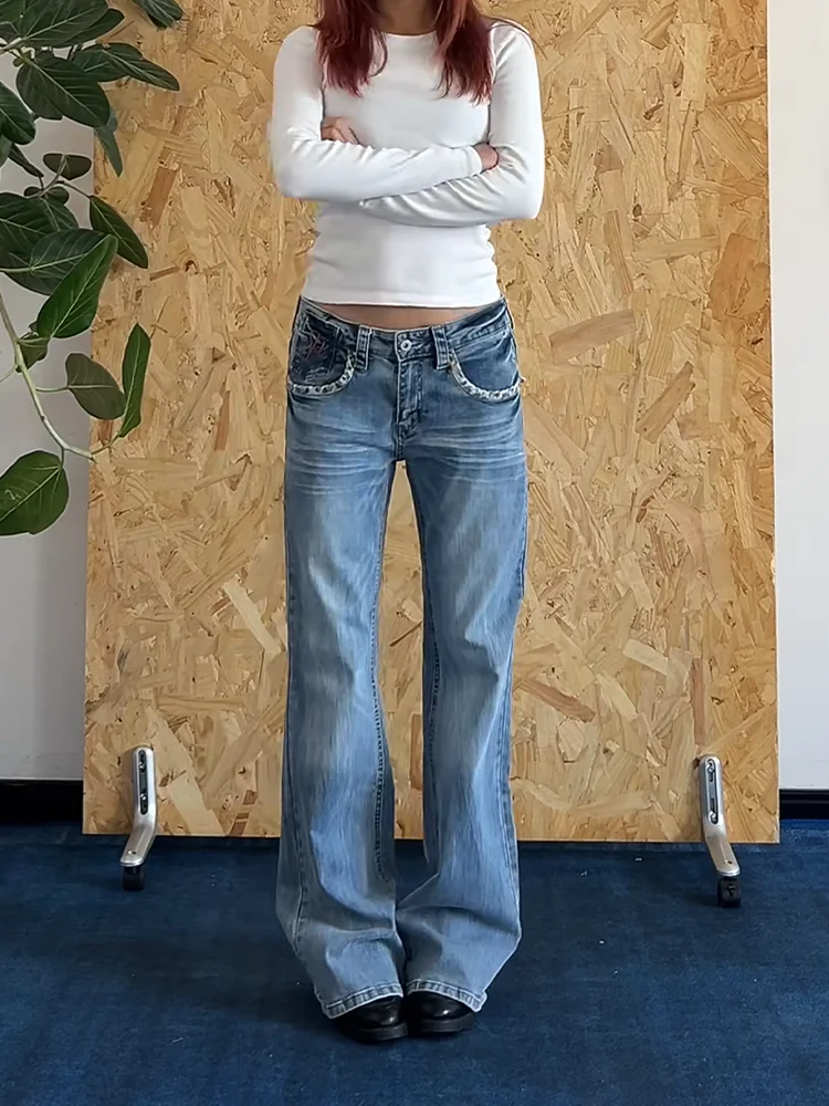 

plus Size American Retro Splicing Leopard Print Straight Leg Jeans Women Casual Micro Flared Pants Low Waist Zipper Closure