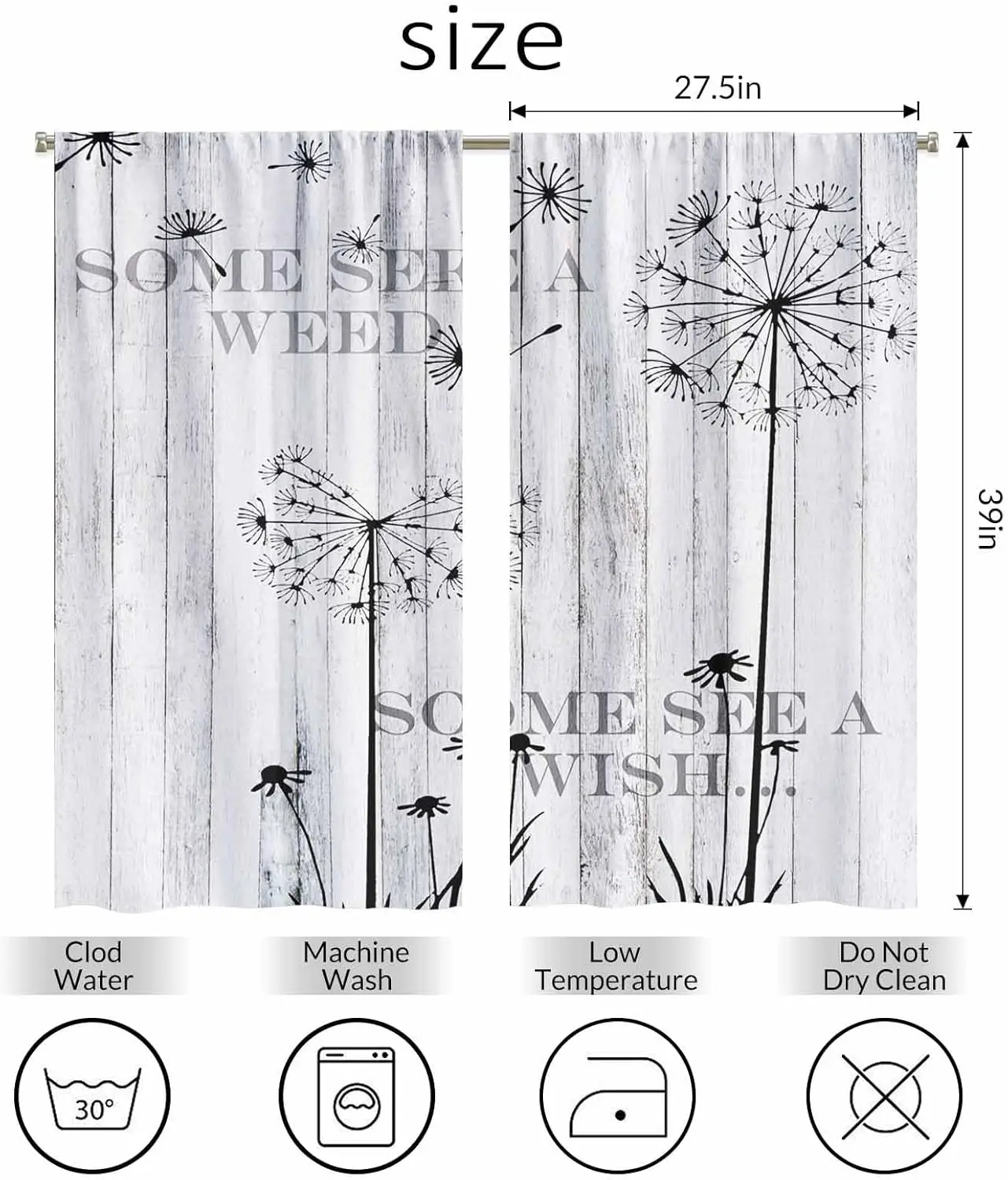 Dandelion Wood Plank Curtains Some See A Wish Quote Rustic Farmhouse Style for Kitchen Window Decor