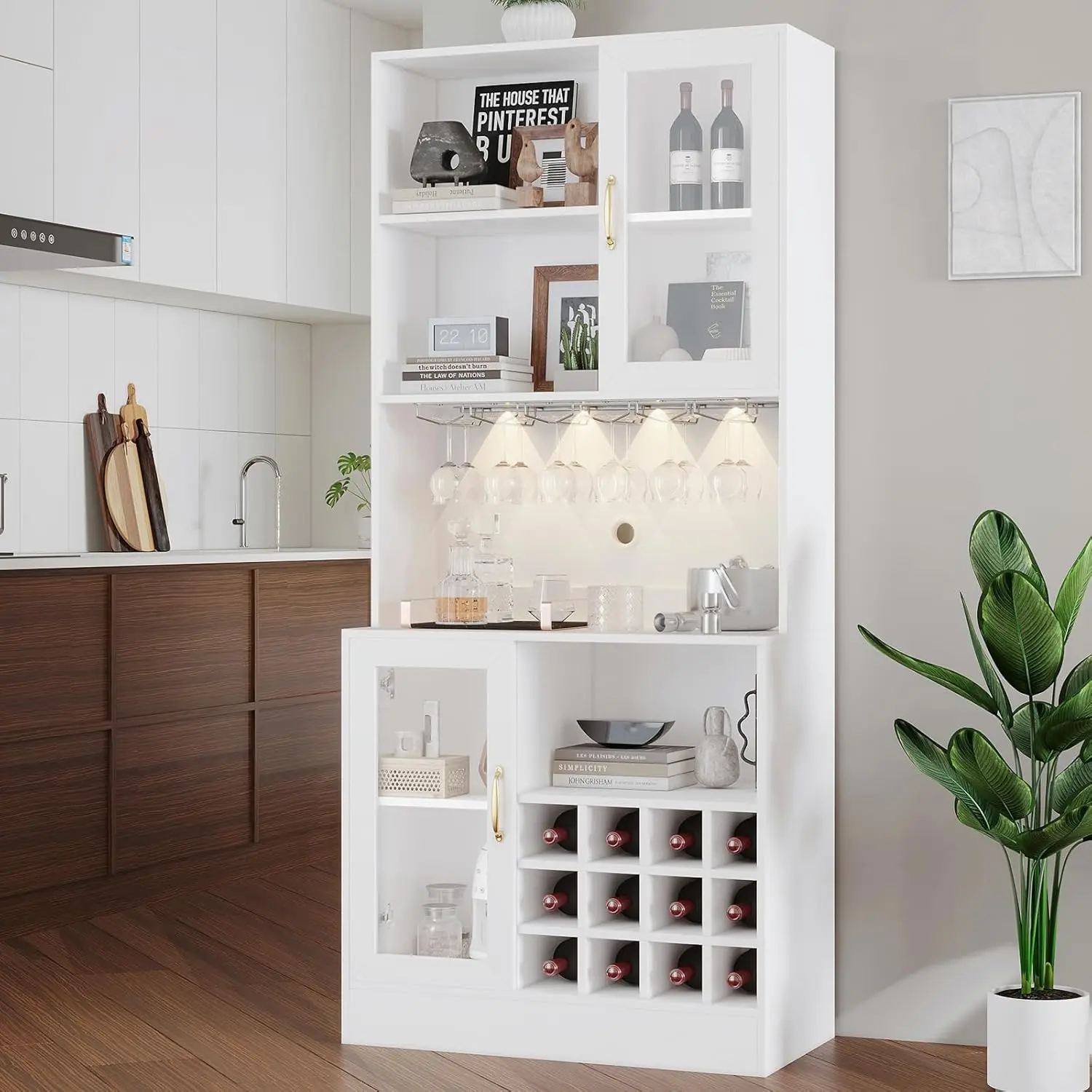 Wine Bar Cabinet com luz LED e suporte de vidro de vinho, Cozinha Despensa Cabinet com Microondas Stand, Coffee Bar