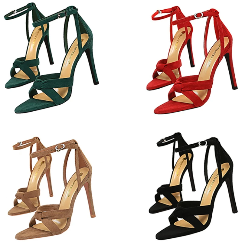 Summer Women 8.5cm 11cm High Heels Sexy Stripper Sandals Khaki Red Seaside Party Stiletto Cross Belt Bow Exotic Dancer Sandles