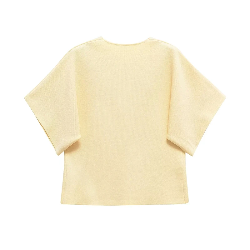 KEYANKETIAN letni nowy damski dekolt w serek z krótkim rękawem, dzianinowy top Office Lady pojedyncze piersi szczupła, cienka dzianina w jednolitym kolorze