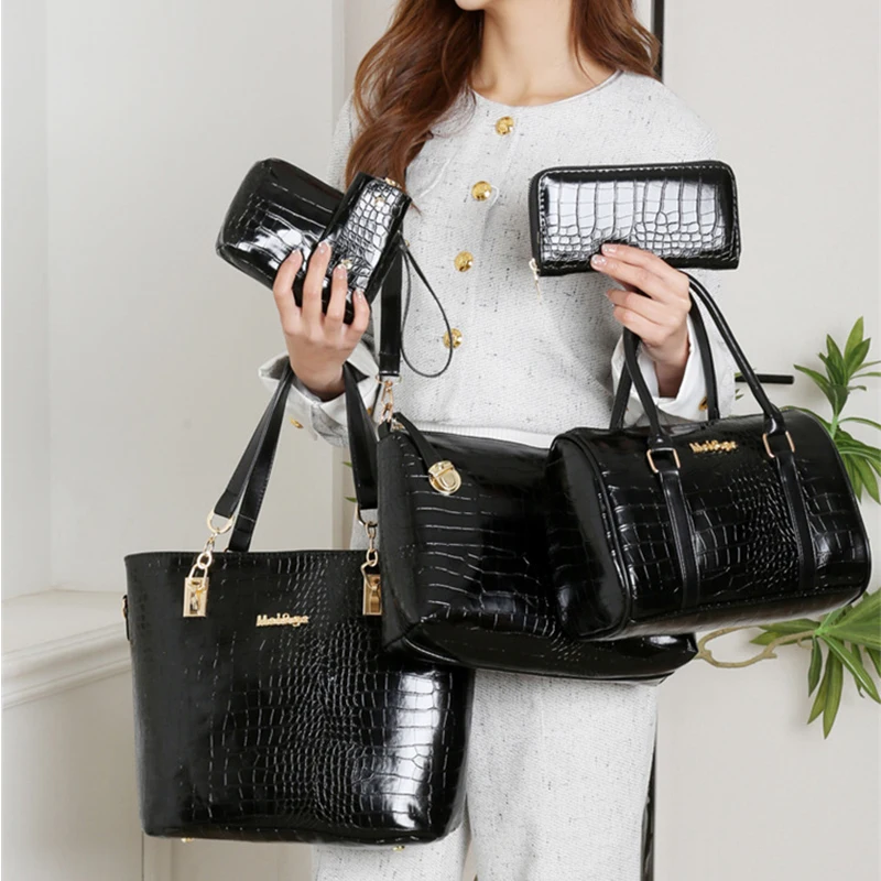 6pcs Vintage Women\'s Bag Stylish Lacquer Crocodile Print Leather Handbag set Daily Commute Tote Shoulder Bag For Women Purse