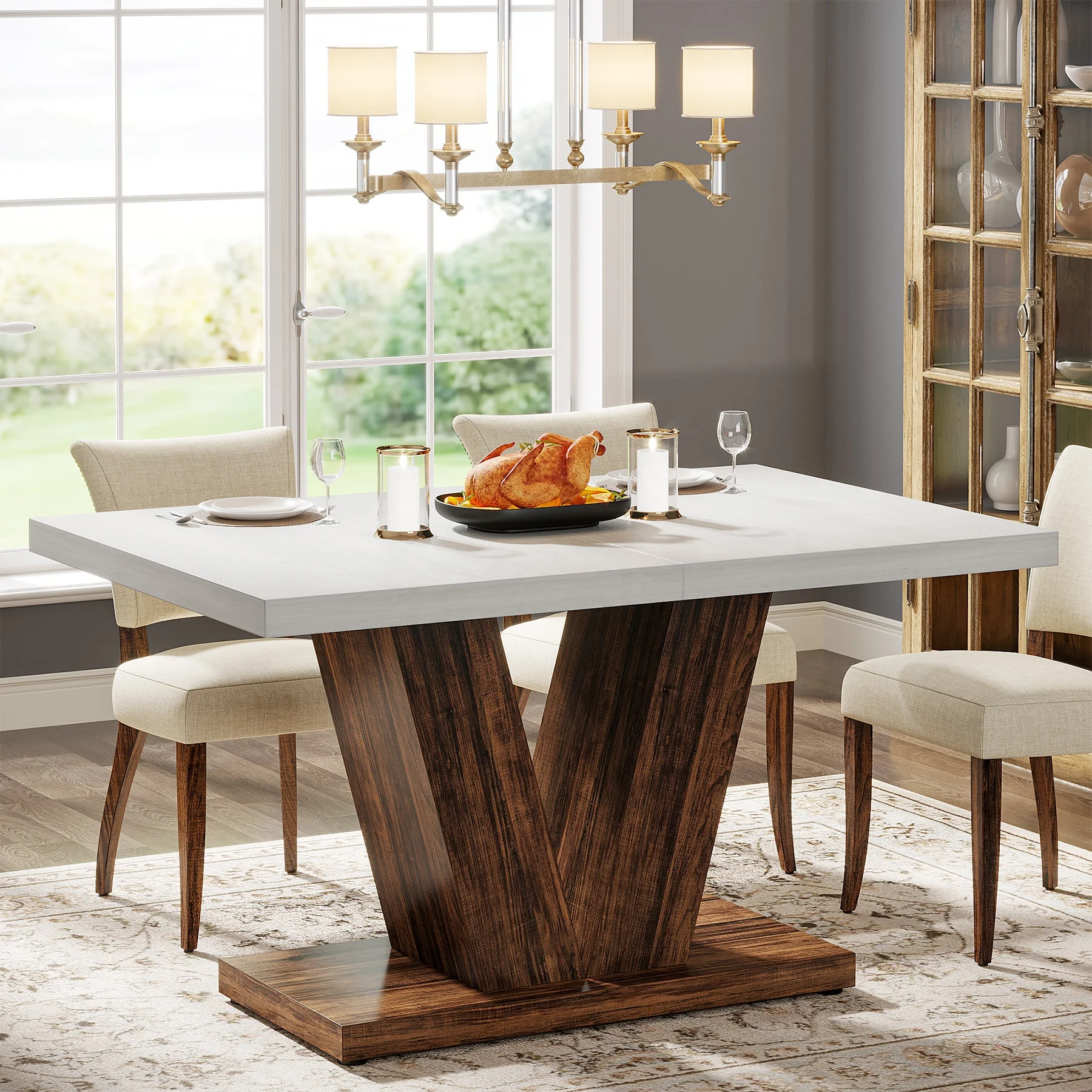 47-Inch convertible wood dining table for 4 people, modern design, white rectangular kitchen table