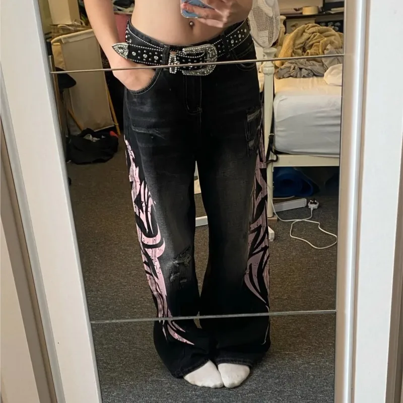 Y2K Aesthetics Goth Vintage Mottled Totem Print Baggy Jeans Women High Waist Wide Leg Jeans Women's Harajuku Punk Hip-Hop Jeans