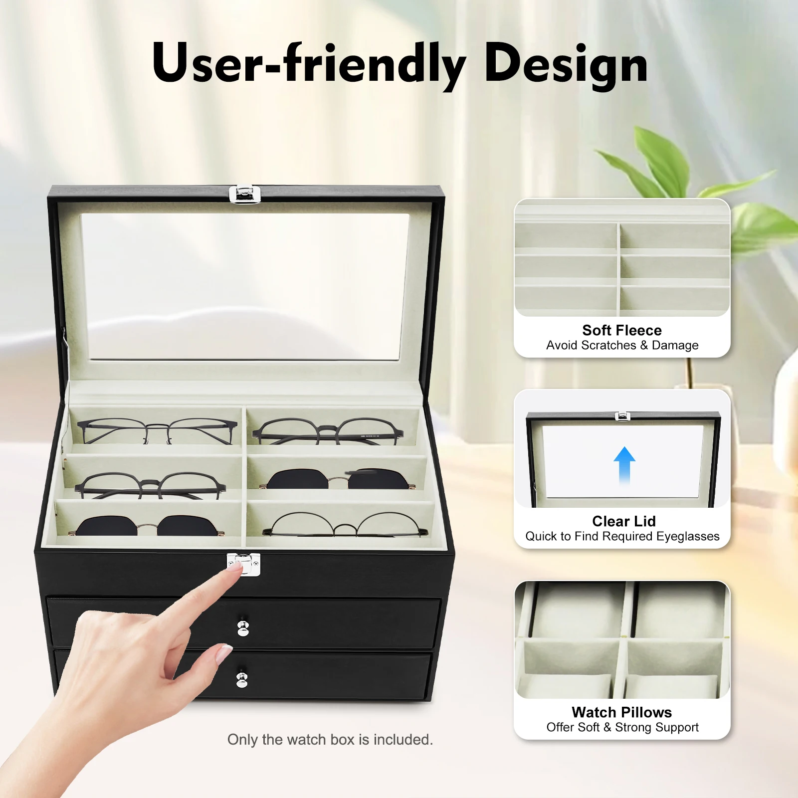 24Well-designed Compartments Watch and Glasses Storage Case, Decoration Display Box with Glass Lid for Glasses, Watches, Jewelry