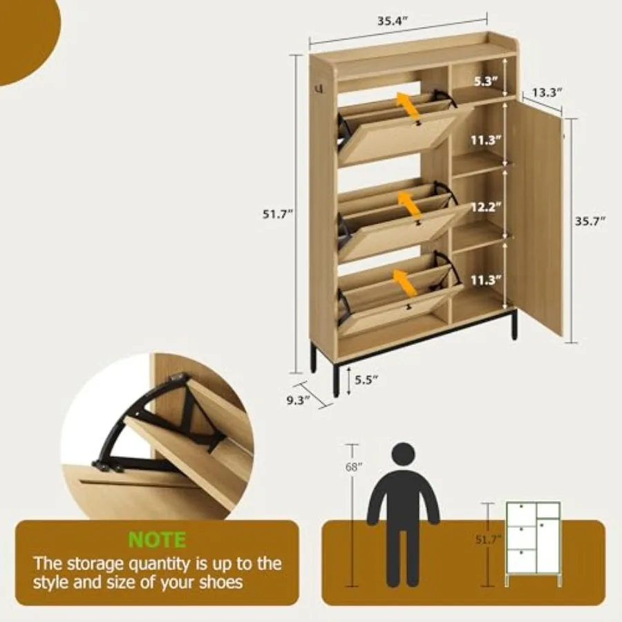 Rattan shoe cabinet for entryway use, natural rattan material, beige color, space-saving 3-flip-drawer and door design