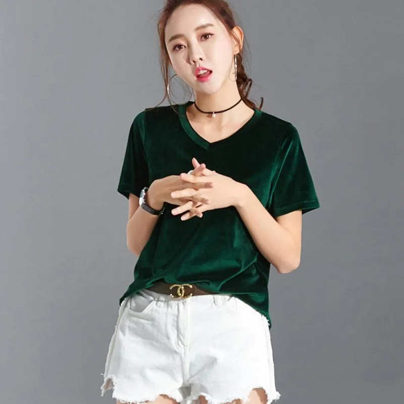 Women Velvet Blouses short Sleeve V-neck Blusas 2024 Summer Sexy Velour Shirts Blusas Top velour Blouse blusas mujer de moda