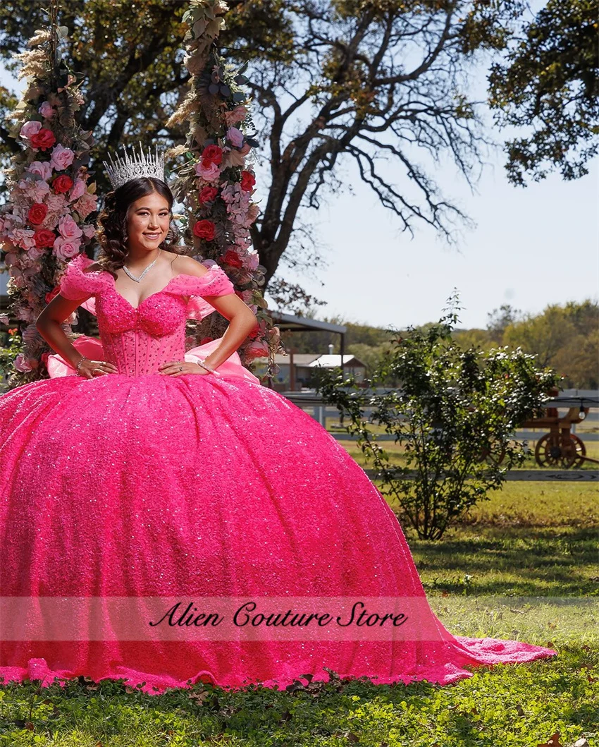 Hot Pink Quinceanera Dress 2025 With Bow Bead Applique Crystal Sweet 16 Birthday Party Dress Vestidos De 15 Años Customized