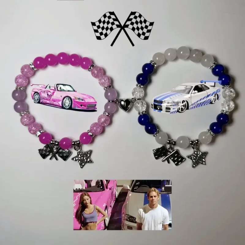 2PCS/set Fast And Furious Flag Matching Bracelets For Couples Bracelets Cool Race Car Victory Banner BFF Beaded Bracelet Jewelry
