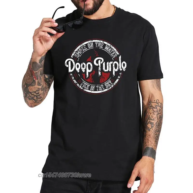 Profundo roxo tshirt álbum máquina cabeça fumaça canção na água tshirt inglês rock band 100% algodão básico camisa