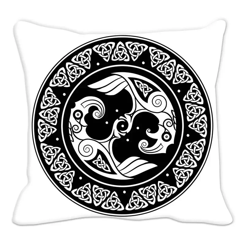 

Funda de almohada con amuleto vikingo, cojín para sofá, decoración del hogar, funda geométrica en blanco y negro