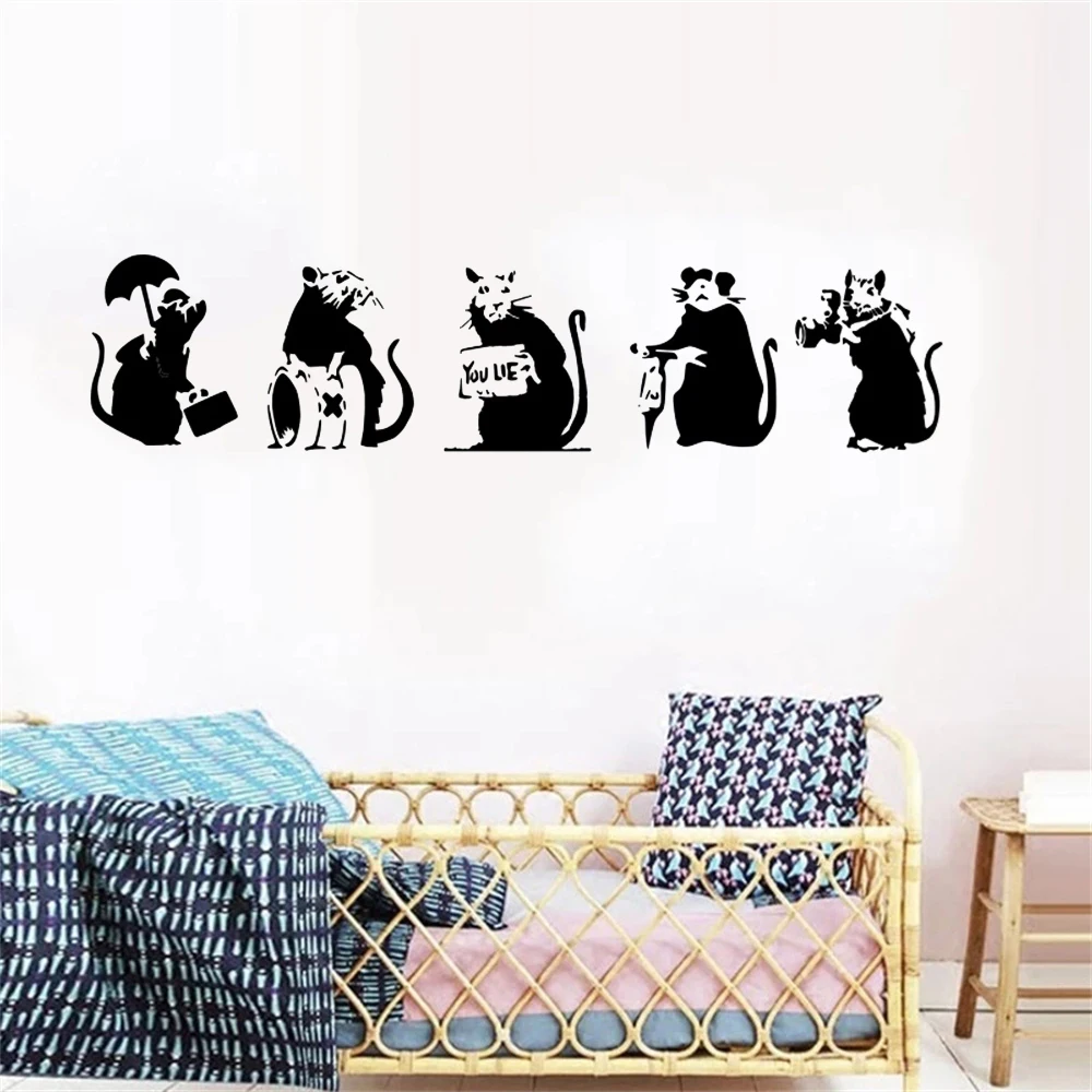 5Pcs Graffiti Banksy Rats Mouse Wall Sticker Street Style Rat Animal Wall Decal Bedroom Kids Room VInyl Home Decor