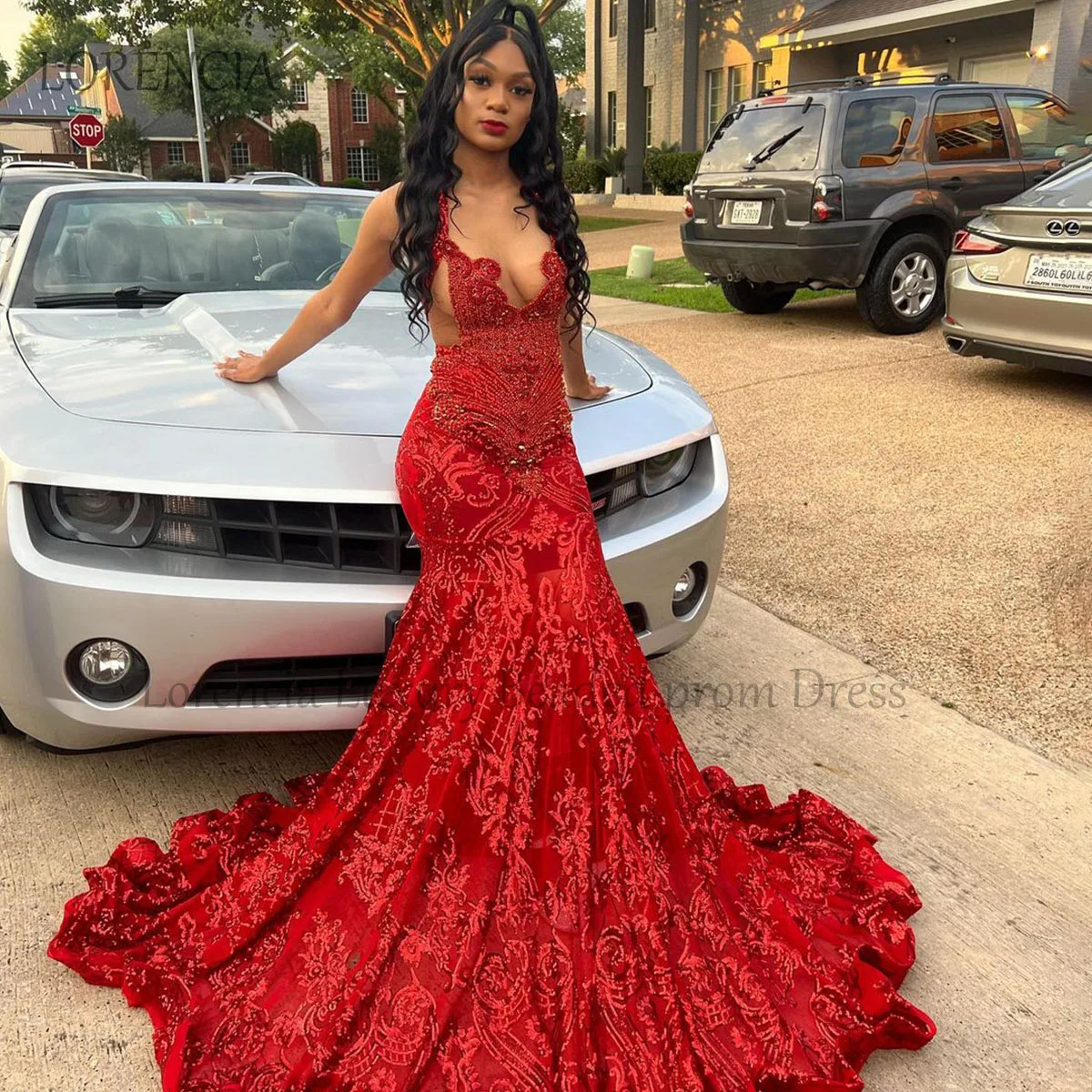 

Luxury Red Diamonds Mermaid Long Prom Dress 2024 For Black Girls Rhinestones Birthday Party Gown Crystal vestidos de gala