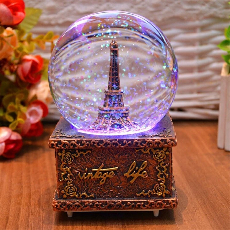 Eiffel Tower Crystal Music Box Flashing Light Globe Birthday Gift For Home TV Cabinet Shelf Decor For Women Couples Romantic