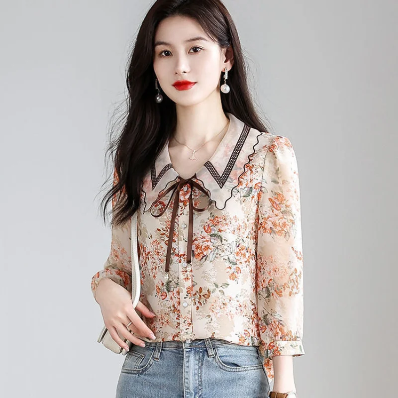 Floral Chiffon Button Blouse Summer New 3/4 Sleeve Lacing Loose Print Office All-match Shirt Tops Elegant Fashion Women Clothing