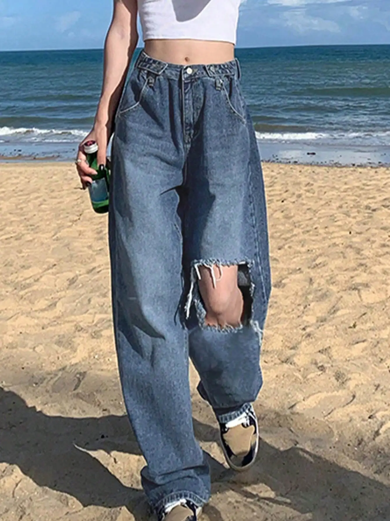 

Retro Hole Design Wide Leg Pants High Street Floor-Length Jeans Women's Loose Slimming Summer Chic Straight Cut Denim