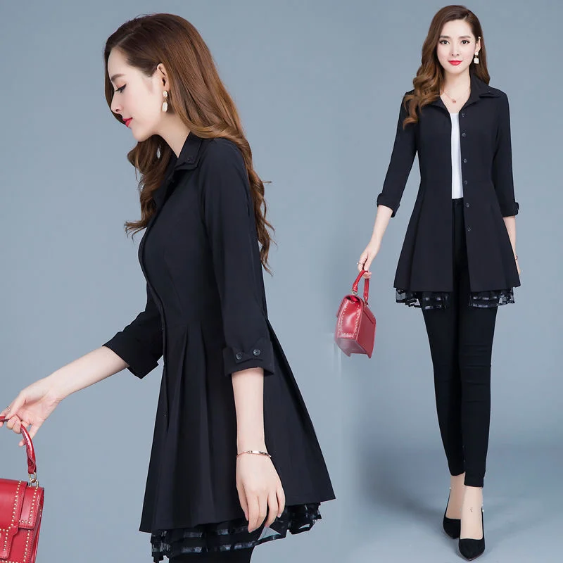 

Trench Femme Long American Sense Splicing White Faionable Thin Windbreak Turndown Beige Small Blue Cinching Overcoats Stand-Up