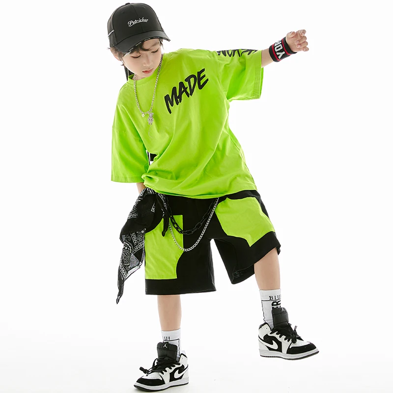 Kids Jazz Dance Clothes Hip Hop Green Tops Short Sleeves Summer Street Dance Drum Performance Suit Girls Stage Costume BL10429