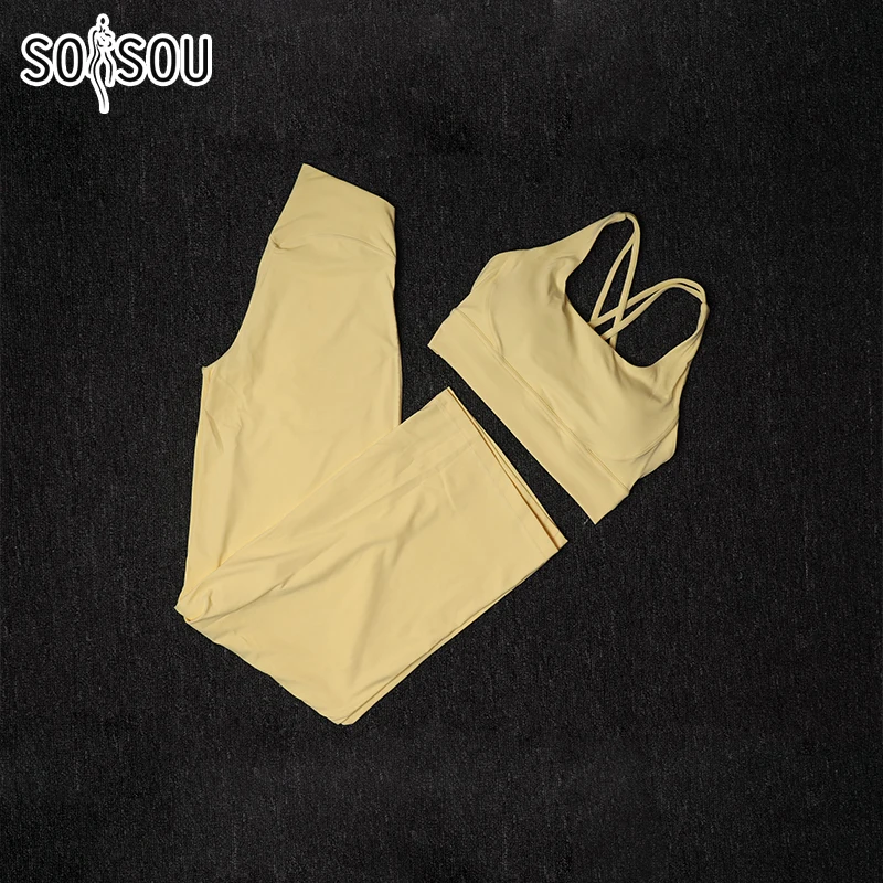 SOISOU 2 PCS Sport Yoga Set Women's Tracksuit Woman Straight-leg Leggings Corss Back Bra Breathable Sportwear Woman Clothes